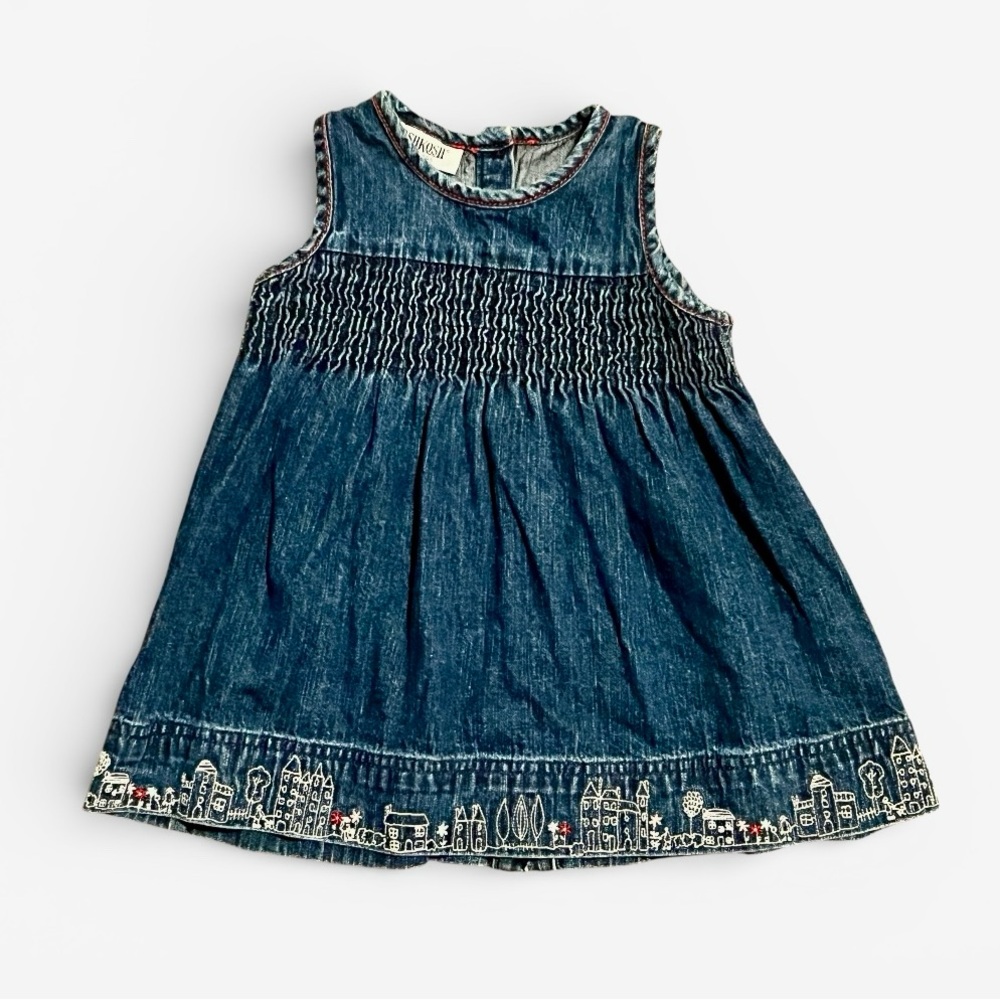 Vintage OshKosh Denim Dress 18M Embroidered City Skyline Hem Y2K